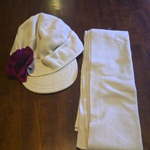 White Hat and Scarf Set with Purple Flower